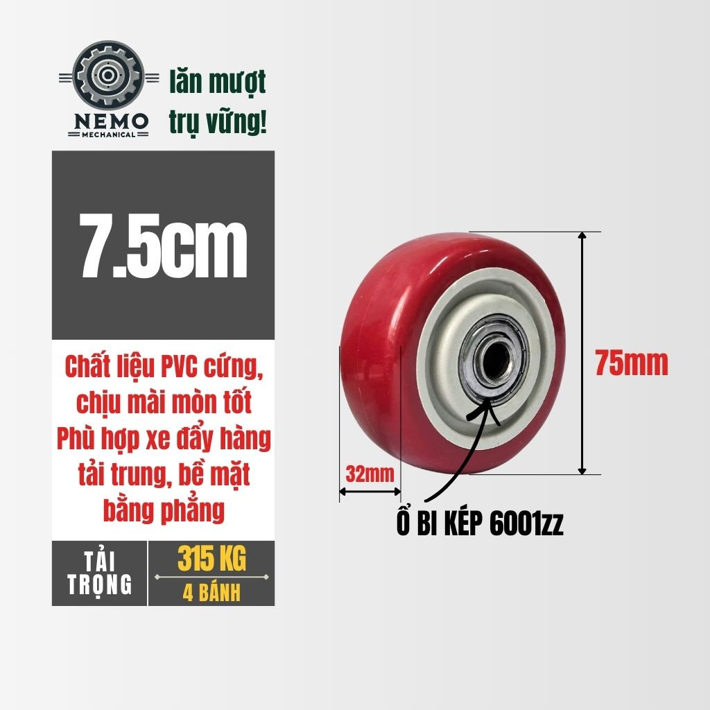 Bánh Xe Rời Đỏ Mận (Nhựa PVC) - Có Bạc Đạn, Chịu Tải Cao (D75, D100, D125)